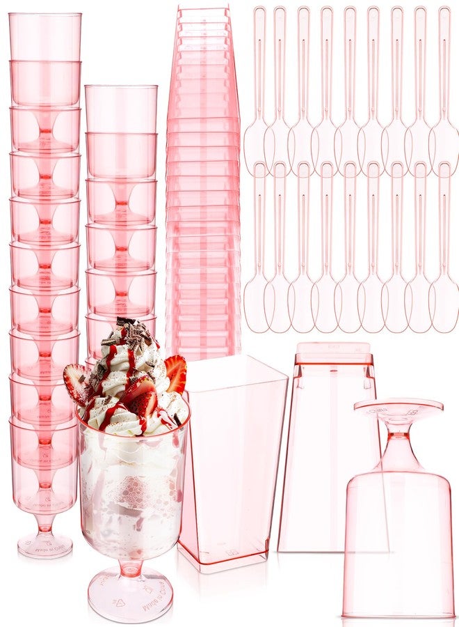 Funnymoom 100 Pcs Dessert Cups with Spoons Mini Clear Plastic Dessert Parfait Cup Round Goblet Square Glasses Plastic Spoons for Fruit Ice Cream Cake Wedding Bridal Shower Party Supplies (Pink) - Image 1