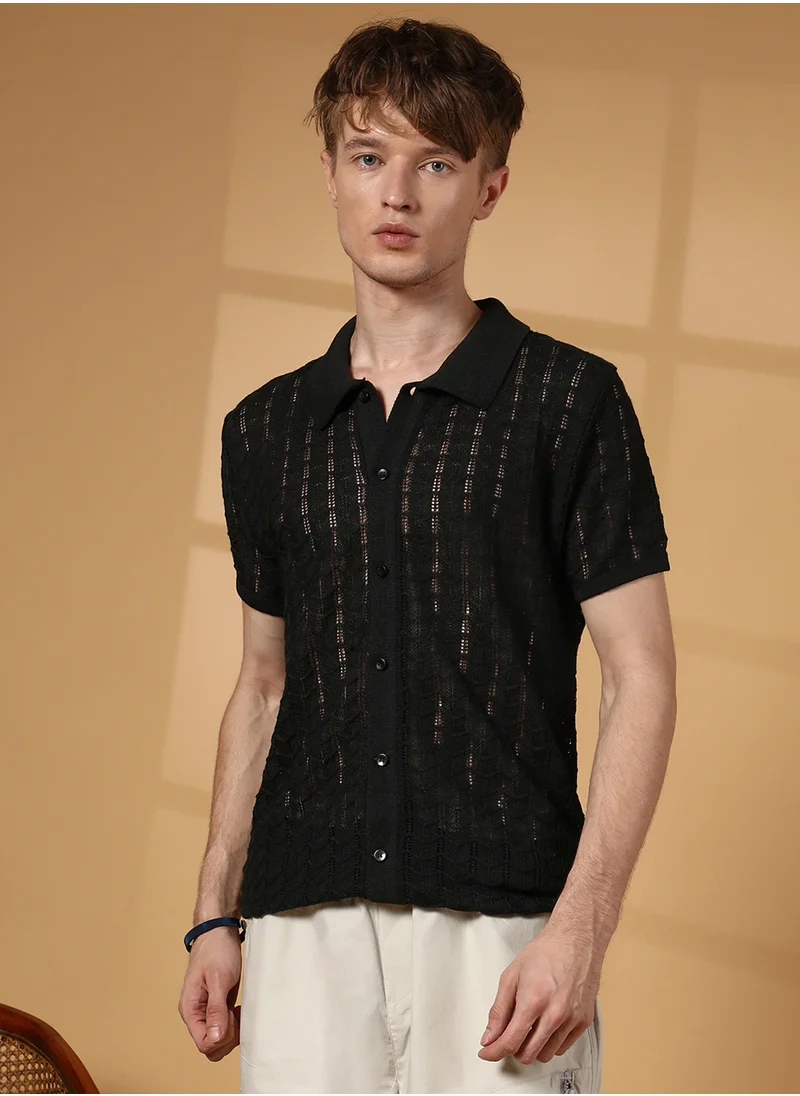 كامبوس سوترا Men's Onyx Black Spear-Knit Slim-Fit Shirt