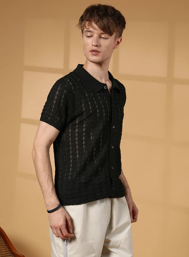 كامبوس سوترا Men's Onyx Black Spear-Knit Slim-Fit Shirt