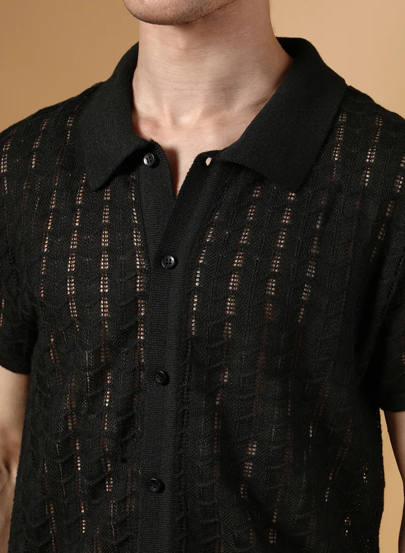 كامبوس سوترا Men's Onyx Black Spear-Knit Slim-Fit Shirt