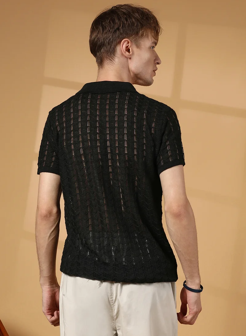 كامبوس سوترا Men's Onyx Black Spear-Knit Slim-Fit Shirt