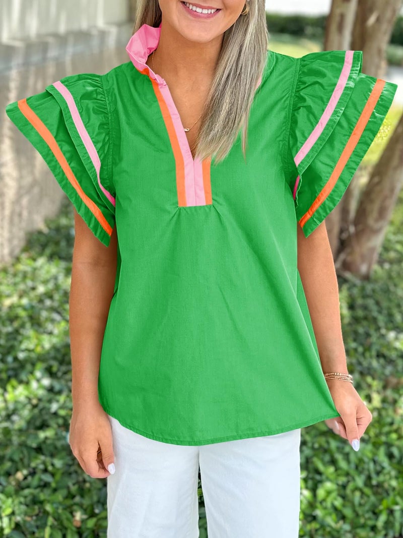 Cicy Bell Womens Ruffle Cap Sleeve Tops Color Block V Neck Dressy Casual Blouses Summer Pleated Loose Fit Shirts Green - Image 4