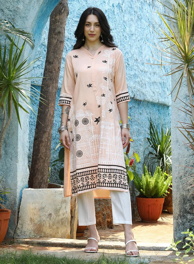 QISSA Women's Peach Orange Bird Print Kurta With Chalk White Trousers Set