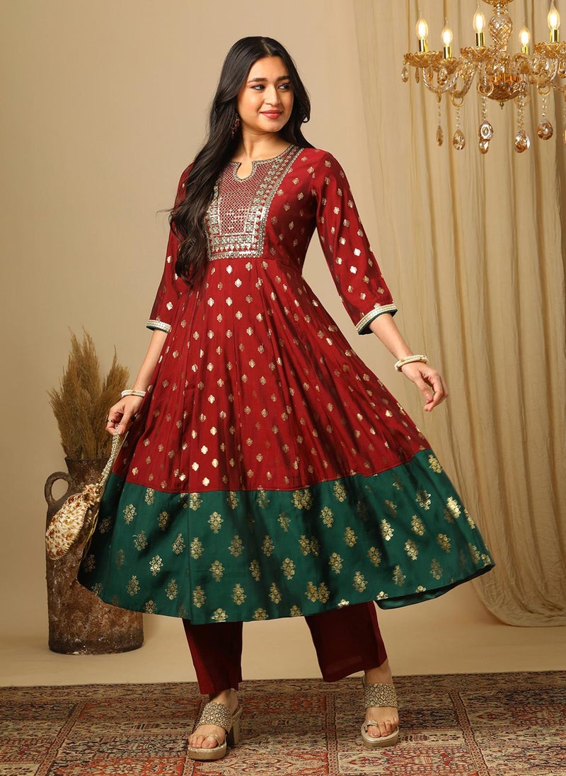 Globus Women's Maroon Anarkali Kurta Set with Sequinned Yoke and Gold Foil Print - Image 1