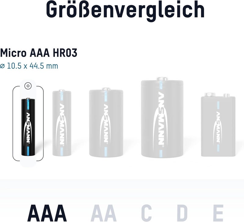 بطارية ANSMANN AAA 1050mAh NiMH 1.2V - بطاريات AAA ميكرو قابلة للشحن، عالية السعة مثالية لمتطلبات الطاقة العالية مثل المصباح اليدوي، صناعة النماذج، الأدوات الإلكترونية، الكاميرا (8 قطع) | مثالية لفلاش الكاميرا، لوحة الألعاب والألعاب، شحن سريع، سعة عالية، حتى 1000 دورة شحن، عبوة من 8 - Image 2