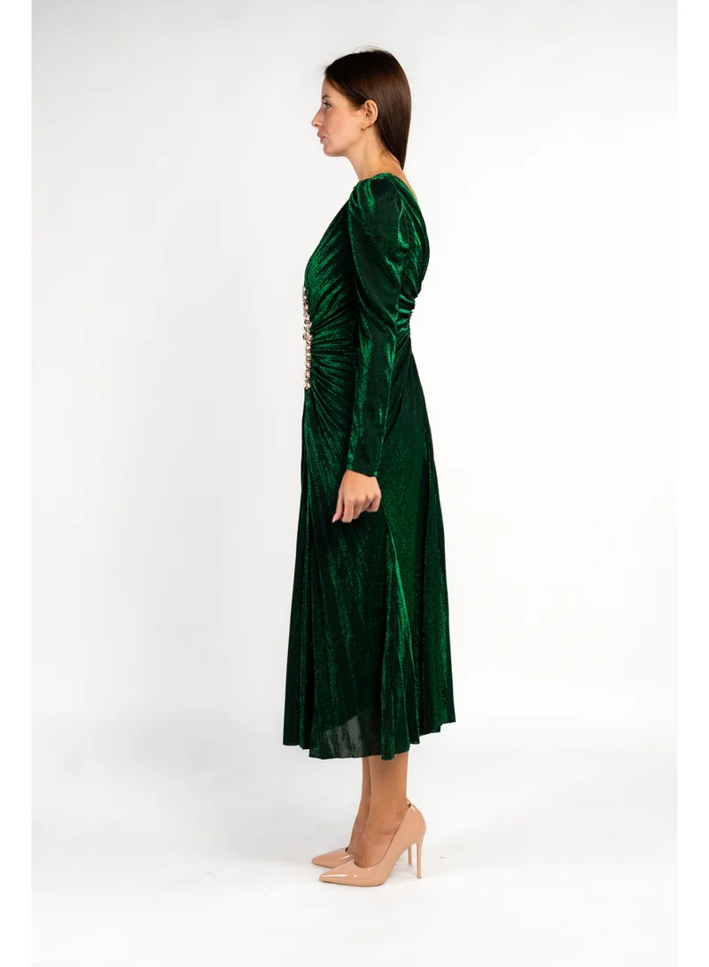 Fashonara  Bottle Green Draped Party Dress for Women | Best Price UAE