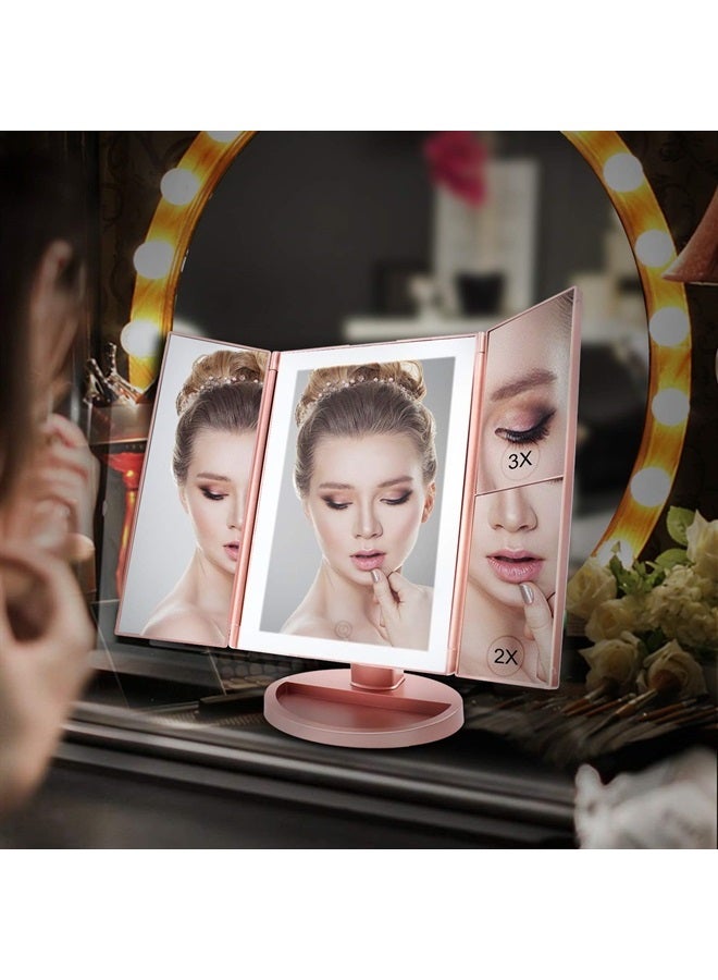 WEILY Lighted Vanity Makeup Mirror 1x/2x/3x Magnification Trifold with 36 LED Lights Touch Screen and USB Charging, 180 Degree Adjustable Stand for Countertop Cosmetic Makeup Mirror(Rose Gold) - Image 2
