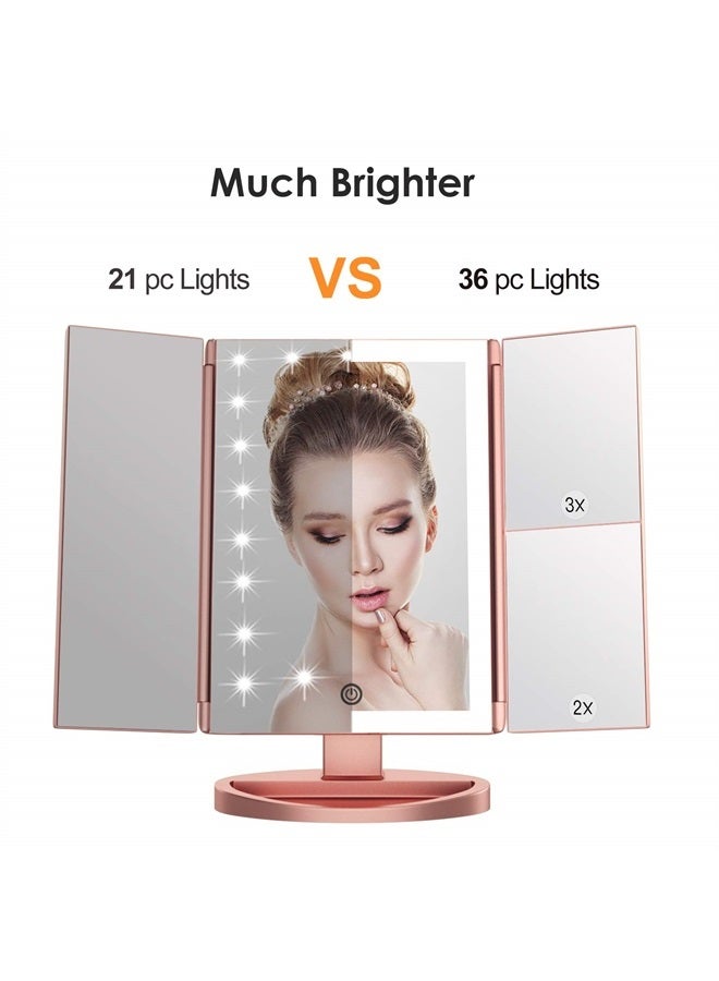 WEILY Lighted Vanity Makeup Mirror 1x/2x/3x Magnification Trifold with 36 LED Lights Touch Screen and USB Charging, 180 Degree Adjustable Stand for Countertop Cosmetic Makeup Mirror(Rose Gold) - Image 3