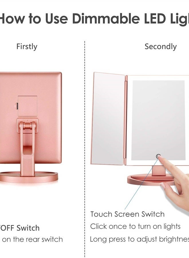 WEILY Lighted Vanity Makeup Mirror 1x/2x/3x Magnification Trifold with 36 LED Lights Touch Screen and USB Charging, 180 Degree Adjustable Stand for Countertop Cosmetic Makeup Mirror(Rose Gold) - Image 4