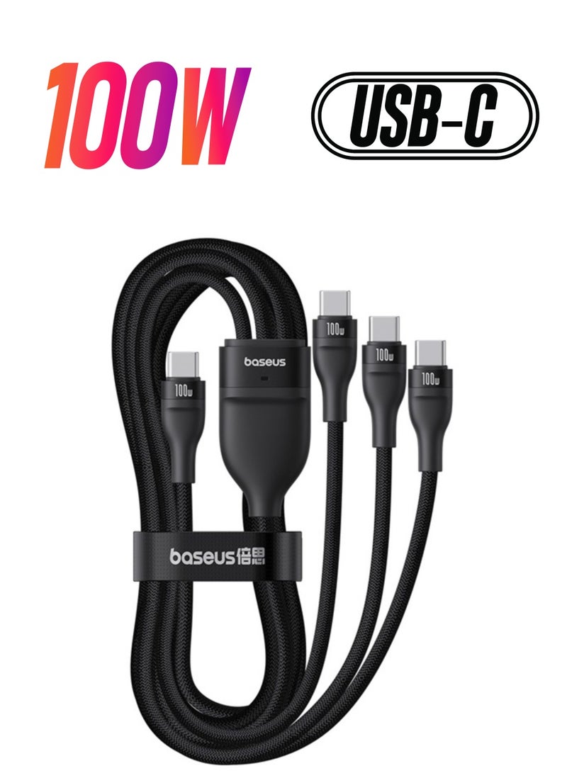 بيسوس كابل 3 في 1 بقوة 100 واط من نوع C، كابل شحن ونقل بيانات عالي السرعة مع موصلات USB-C لأجهزة الكمبيوتر المحمولة والهواتف الذكية والأجهزة اللوحية والإكسسوارات، يدعم توصيل الطاقة حتى 100 واط، متوافق مع أبل وديل وسامسونج وهواوي وهونر وجوجل والمزيد - (1.5 م) - Image 1