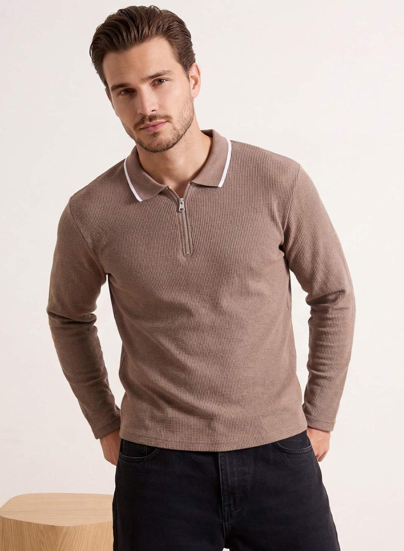 trendyol Light Brown Loose Fit Textured Collar Line Detail Zippered Polo Neck T-Shirt - Image 1