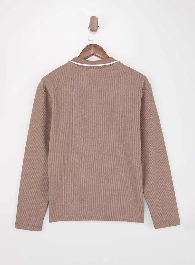 trendyol Light Brown Loose Fit Textured Collar Line Detail Zippered Polo Neck T-Shirt - Image 5