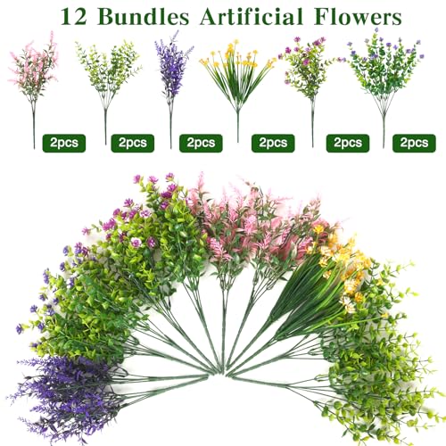 CEWOR 12 Bundles Artificial Flowers for Outdoor Indoor, Fake Silk Multiple Color Flowers, Faux Flower for Garden Front Door Porch Planter Patio Home Decor (Purple Fuchsia Pink Yellow) - Image 3