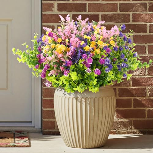 CEWOR 12 Bundles Artificial Flowers for Outdoor Indoor, Fake Silk Multiple Color Flowers, Faux Flower for Garden Front Door Porch Planter Patio Home Decor (Purple Fuchsia Pink Yellow) - Image 1