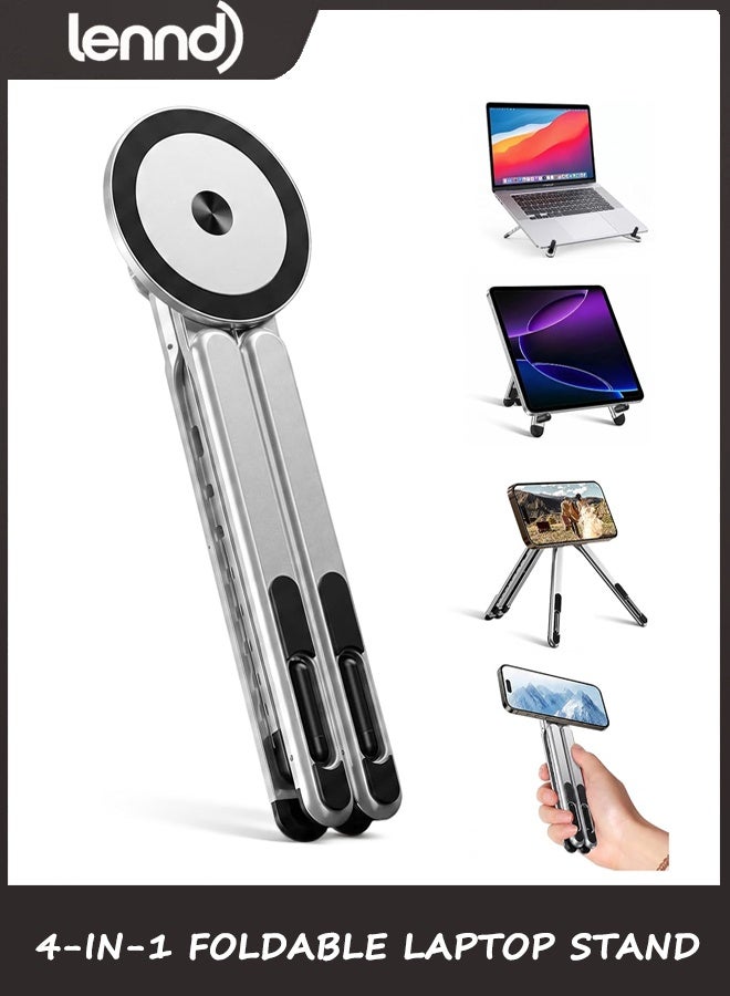 4-in-1 Foldable Laptop Stand & Magnetic Phone Holder, Silver Aerospace Aluminum Portable Desk Mount with N52 MagSafe Compatible Tripod Handle for MacBook Pro, iPad, Travel & Vlogging
