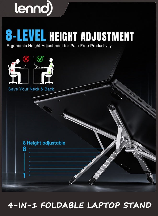 LENND 4-in-1 Foldable Laptop Stand & Magnetic Phone Holder, Silver Aerospace Aluminum Portable Desk Mount with N52 MagSafe Compatible Tripod Handle for MacBook Pro, iPad, Travel & Vlogging - Image 4