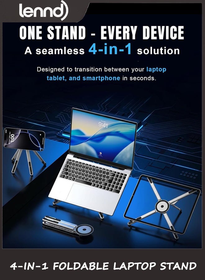 LENND 4-in-1 Foldable Laptop Stand & Magnetic Phone Holder, Silver Aerospace Aluminum Portable Desk Mount with N52 MagSafe Compatible Tripod Handle for MacBook Pro, iPad, Travel & Vlogging - Image 3