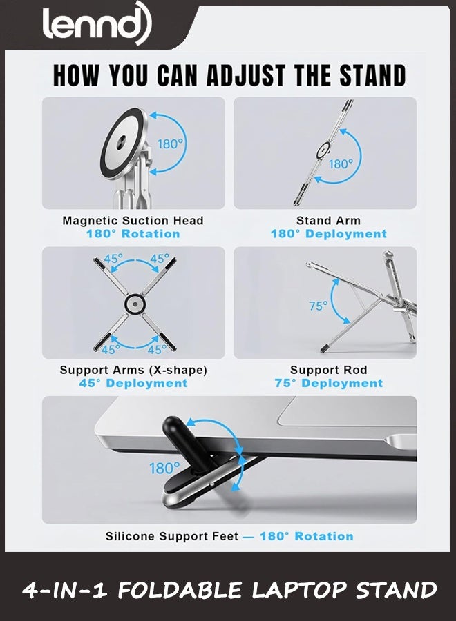 LENND 4-in-1 Foldable Laptop Stand & Magnetic Phone Holder, Silver Aerospace Aluminum Portable Desk Mount with N52 MagSafe Compatible Tripod Handle for MacBook Pro, iPad, Travel & Vlogging - Image 2