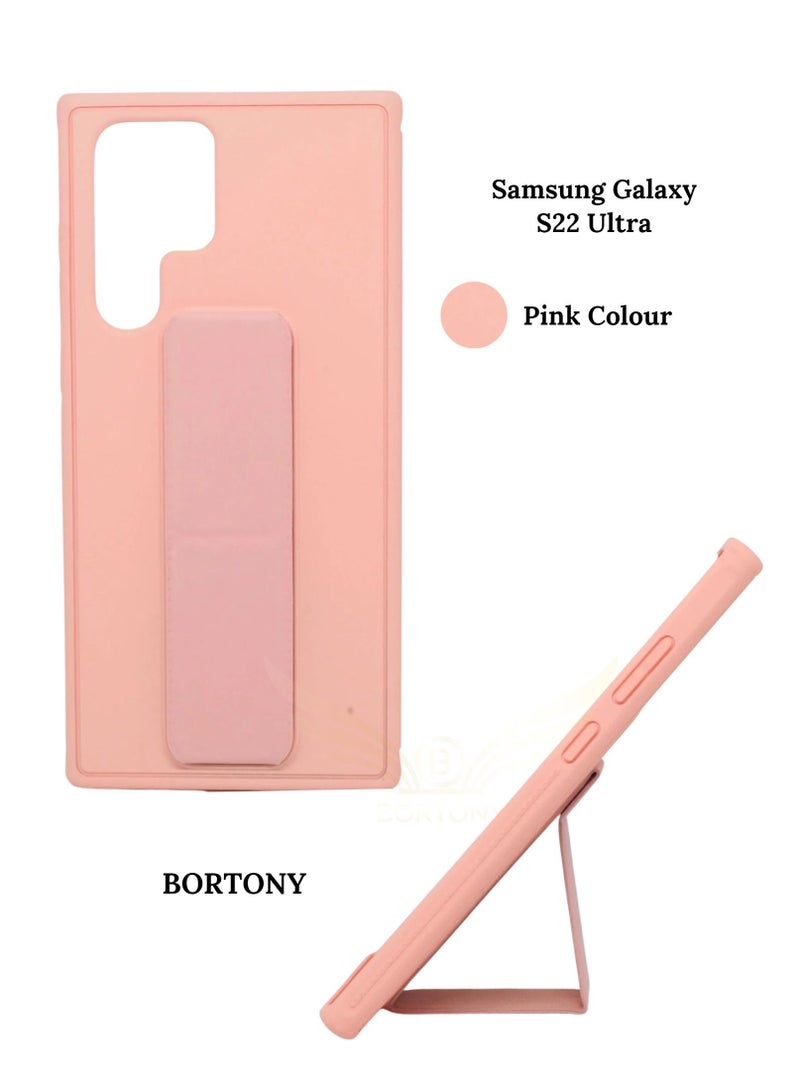 BORTONY Premium Silicone Hand Strap Grip, Car Mount Kickstand And Finger Grip Case Cover For Samsung Galaxy S22 Ultra (Pink) - Image 1