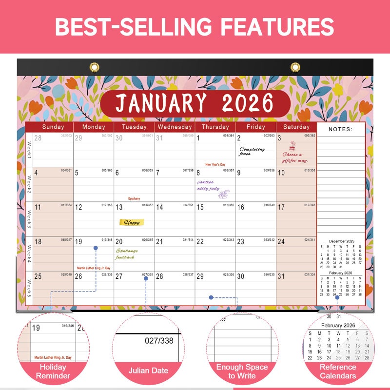 Timart Desk Calendar 2026-2027, 18-Month Calendar from Jan 2026 to June 2027, Large 17" x 12" Desktop Wall Monthly Calendar For Home School, Office(Floral) - Image 4