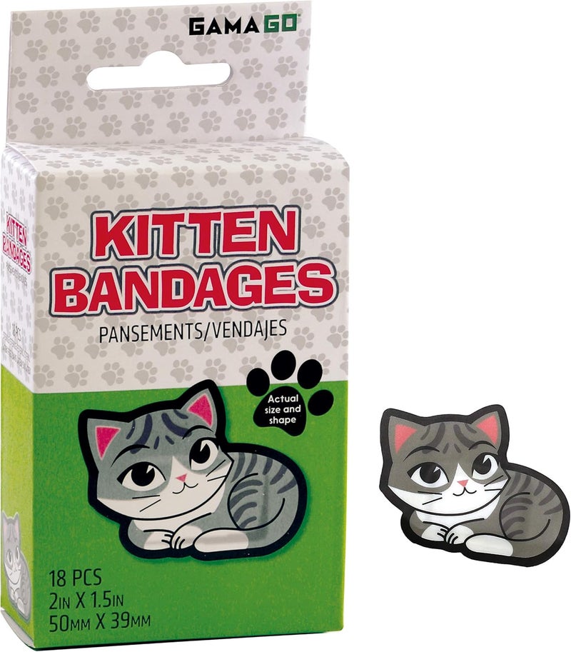 GAMAGO Kitten Bandages for Kids & Kidults - Set of 18 Individually Wrapped Self Adhesive Bandages - Sterile, Latex-Free & Easily Removable - Funny Gift & First Aid Addition