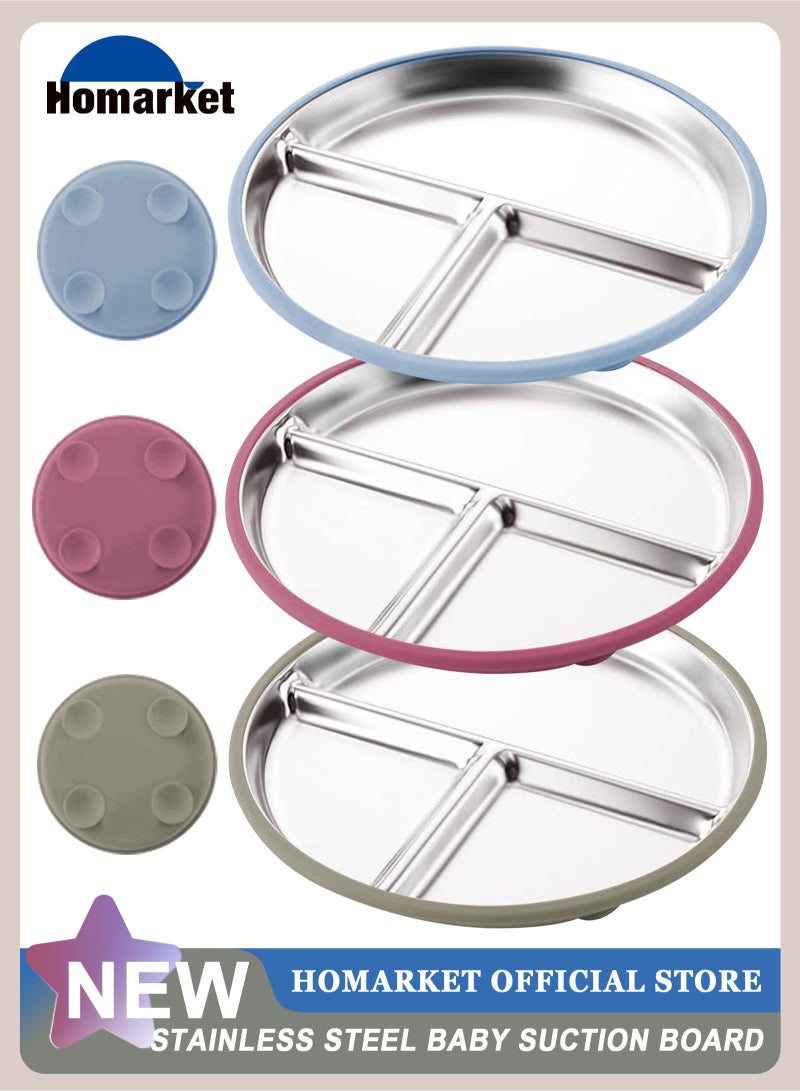 HomarKet 3 Pack Stainless Steel Baby Suction Plates, Divided Toddler Plate for Baby Led Weaning Supplies, Non-Slip Toddler Baby Feeding Set Dishwasher Safe (Blue/Pink/Green) - Image 1