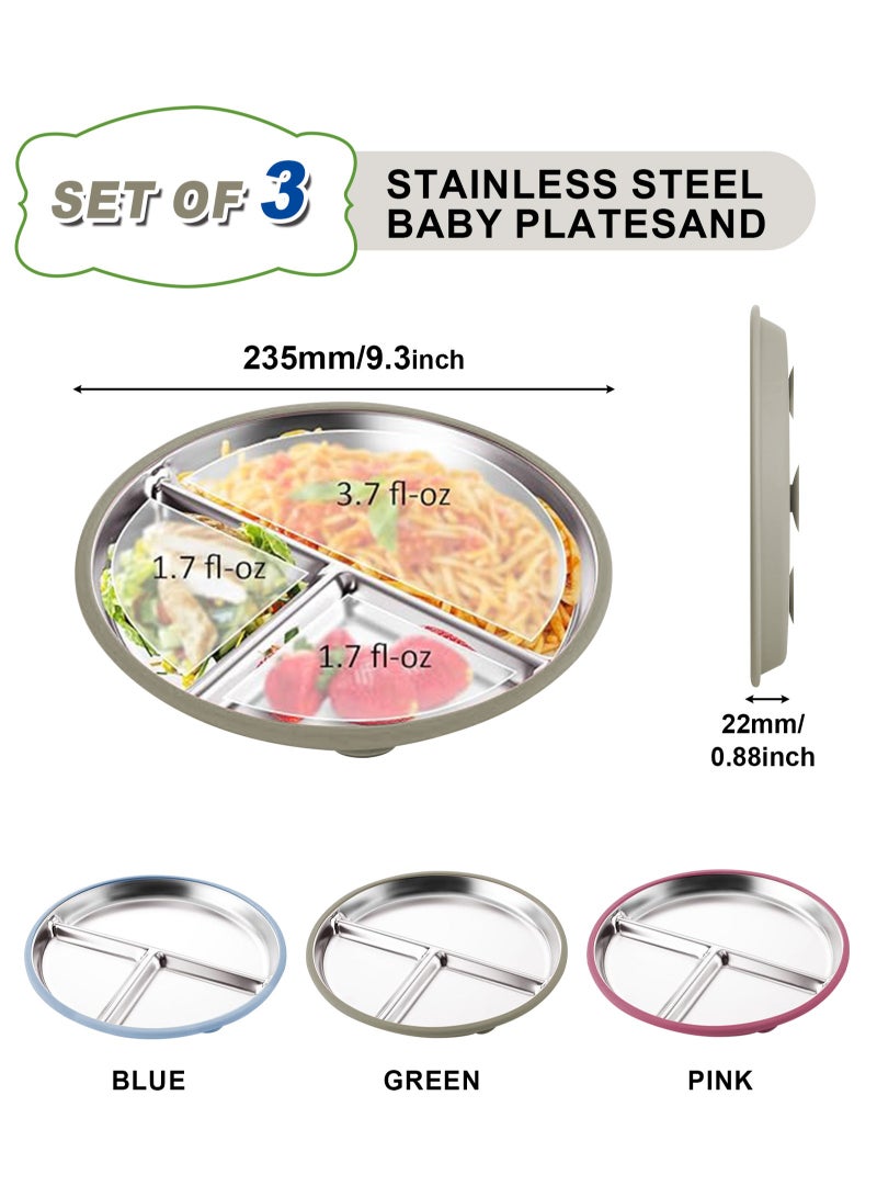 HomarKet 3 Pack Stainless Steel Baby Suction Plates, Divided Toddler Plate for Baby Led Weaning Supplies, Non-Slip Toddler Baby Feeding Set Dishwasher Safe (Blue/Pink/Green) - Image 2