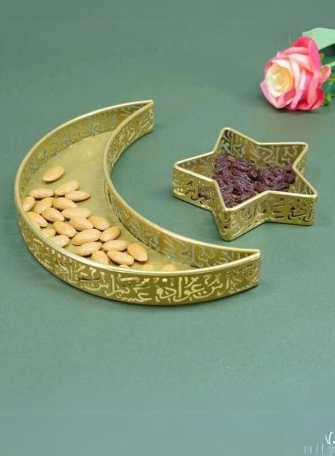 2 قطع صواني رمضان على شكل هلال ونجمة، أطباق تقديم معدنية، زينة طاولة رمضان الإسلامية، صينية هلال ونجمة ذهبية للحلويات، الفواكه المجففة وأطباق المعجنات لحفلات المسلمين - Image 4