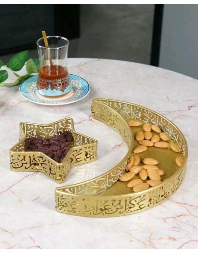 2 قطع صواني رمضان على شكل هلال ونجمة، أطباق تقديم معدنية، زينة طاولة رمضان الإسلامية، صينية هلال ونجمة ذهبية للحلويات، الفواكه المجففة وأطباق المعجنات لحفلات المسلمين - Image 2