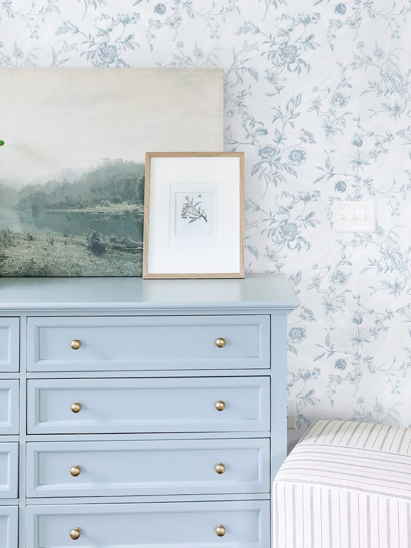 Ismoon Blue Wallpaper Peel and Stick Floral Vintage Stick on Wall Paper French Textured Contact Paper for Cabinet Removable Self Adhesive Wallpaper Vinyl Roll Shelf Deco, 17.3x78.7in - Image 2