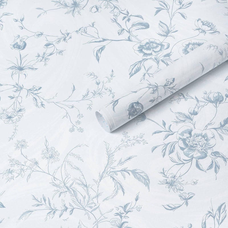 Ismoon Blue Wallpaper Peel and Stick Floral Vintage Stick on Wall Paper French Textured Contact Paper for Cabinet Removable Self Adhesive Wallpaper Vinyl Roll Shelf Deco, 17.3x78.7in - Image 1