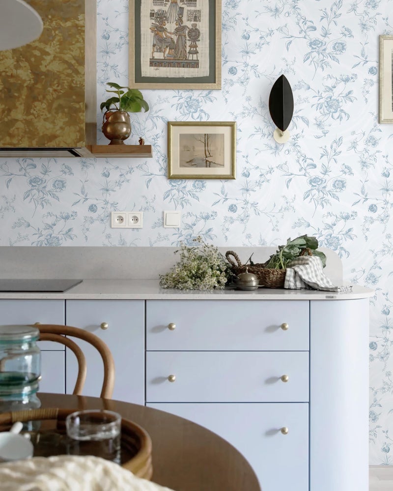 Ismoon Blue Wallpaper Peel and Stick Floral Vintage Stick on Wall Paper French Textured Contact Paper for Cabinet Removable Self Adhesive Wallpaper Vinyl Roll Shelf Deco, 17.3x78.7in - Image 3