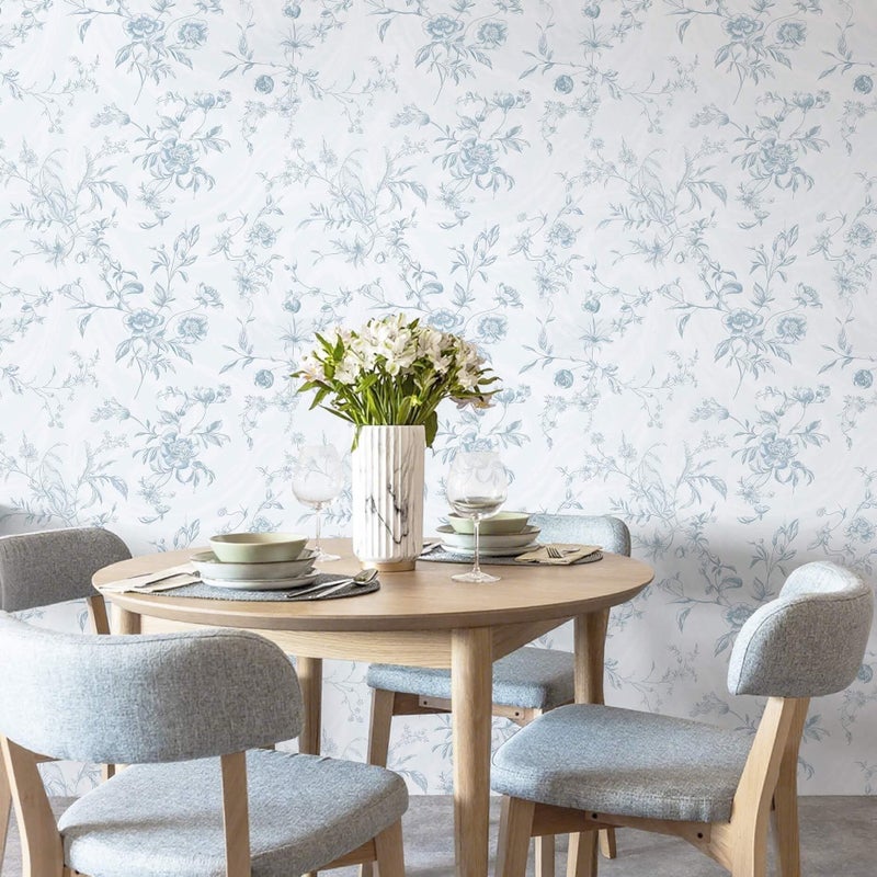 Ismoon Blue Wallpaper Peel and Stick Floral Vintage Stick on Wall Paper French Textured Contact Paper for Cabinet Removable Self Adhesive Wallpaper Vinyl Roll Shelf Deco, 17.3x78.7in - Image 5