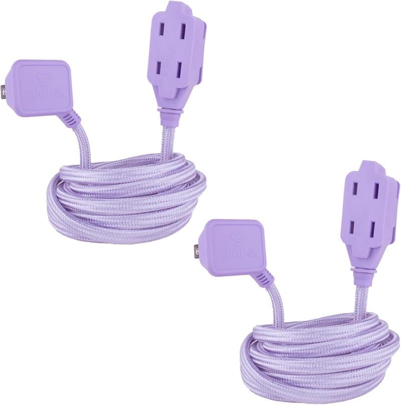 Globe Electric 22892 Designer Series 9-ft Fabric Extension Cord, 3 Polarized Outlets, Right Angle Plug, 125 Volts, Metallic Purple - Image 2