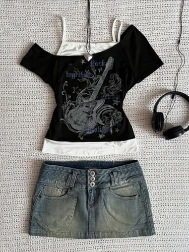 MANGMAO Emo Grunge Shirts Women 2000s Graphic Baby Tees Fake Two Piece Short Sleeve Vintage Y2k Crop Top Goth Alt Clothes (Black Grey,S,Small) - Image 2