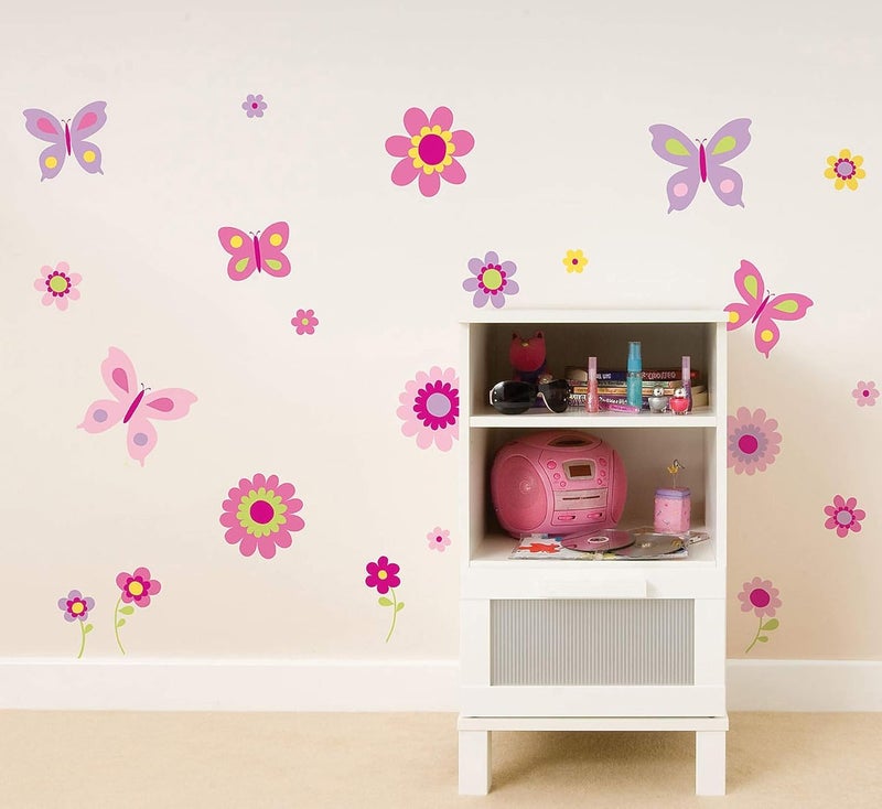 Paper Plane Design Vinyl Butterfly and Flowers Wall Decal
