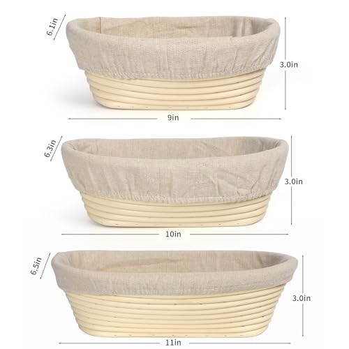 lokeisna Banneton Bread Proofing Basket Set, 11 Inch Sourdough Proofing Basket and Bread Baking Supplies-Bread Lame, Danish Whisk, Bowl & Dough Scraper, Brush, (Plastic, 9in Oval + 10in Oval+11in) - Image 2
