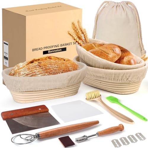 lokeisna Banneton Bread Proofing Basket Set, 11 Inch Sourdough Proofing Basket and Bread Baking Supplies-Bread Lame, Danish Whisk, Bowl & Dough Scraper, Brush, (Plastic, 9in Oval + 10in Oval+11in) - Image 1
