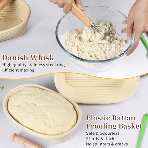 lokeisna Banneton Bread Proofing Basket Set, 11 Inch Sourdough Proofing Basket and Bread Baking Supplies-Bread Lame, Danish Whisk, Bowl & Dough Scraper, Brush, (Plastic, 9in Oval + 10in Oval+11in) - Image 3