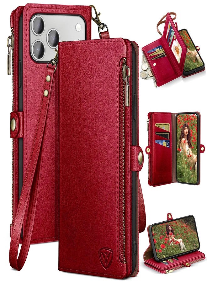 XcaseBar compatible with iPhone 17 Pro Max 6.9" Wallet case with Zipper Credit Card Holder【RFID Blocking】,Flip Folio Book PU Leather Phone case Shockproof Cover Women Men for Apple 17 Pro Max case Red - Image 1