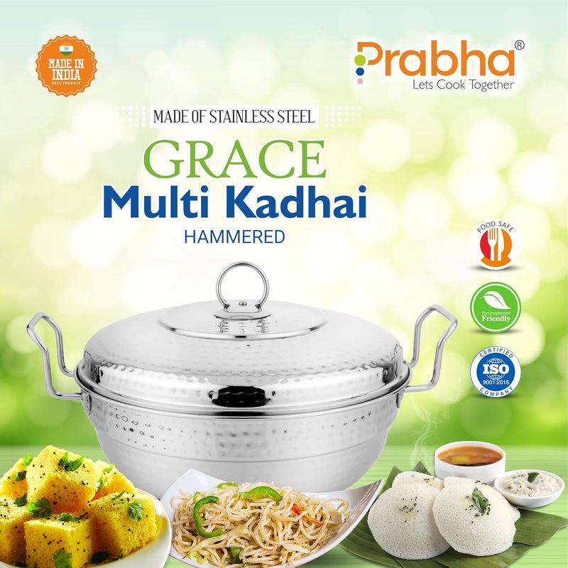 Prabha Prabha Stainless Steel Hammered Multi Kadhai 26cm 6Plates Transparent Glass Lid Multi Function 5 Year Manufacturer Warranty - Image 3