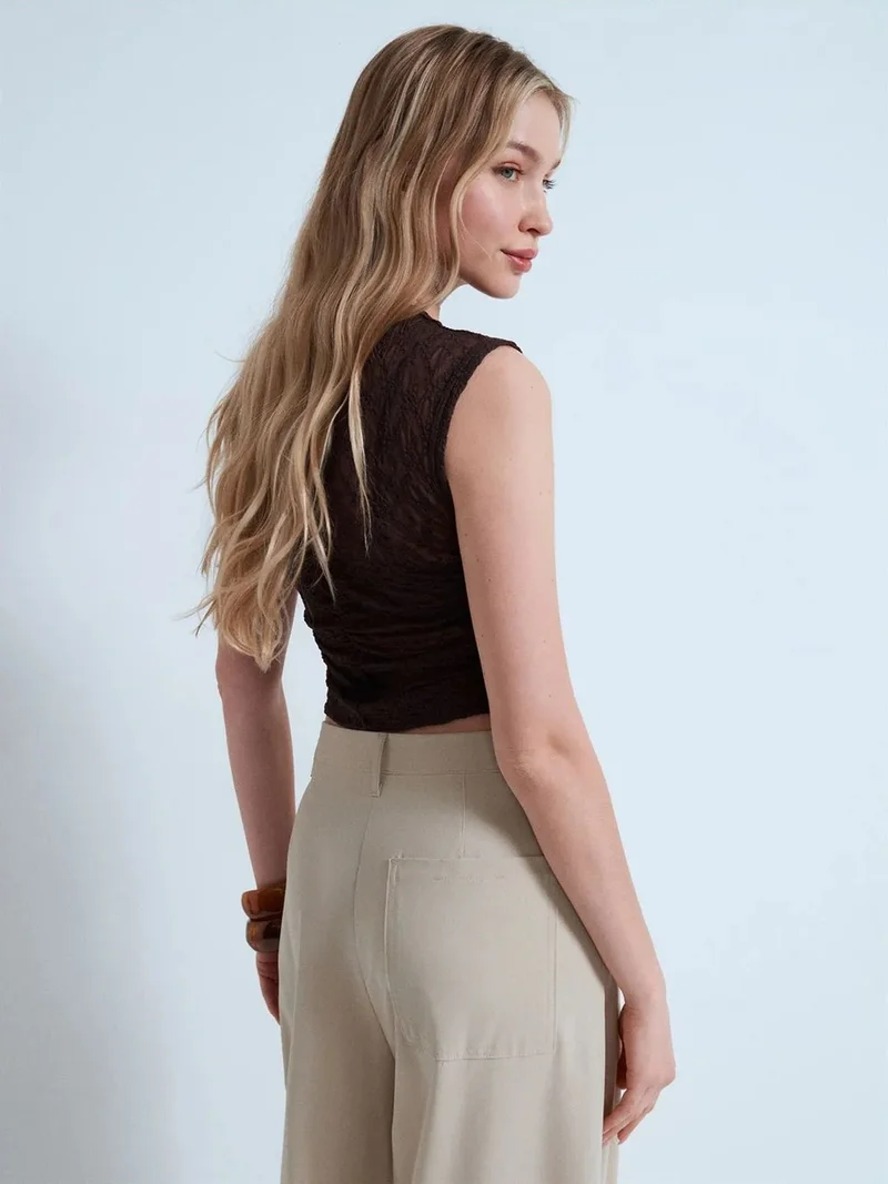 Dilvin DILVIN Sleeveless Lace Ribbed Blouse