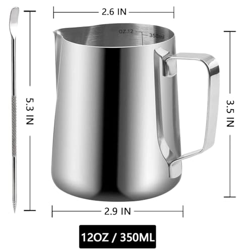 HZJSPXC Milk Frother Cup, 12oz (350ml) Milk Frothing Pitcher Metal 304 Stainless Steel Steamer Cup, Coffee Milk Cappuccino Latte Art Barista Steaming Pitcher Espresso Jug with Decorating Pen - Image 3