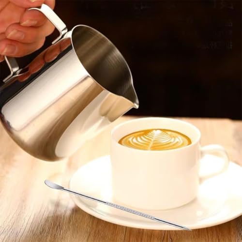 HZJSPXC Milk Frother Cup, 12oz (350ml) Milk Frothing Pitcher Metal 304 Stainless Steel Steamer Cup, Coffee Milk Cappuccino Latte Art Barista Steaming Pitcher Espresso Jug with Decorating Pen - Image 2
