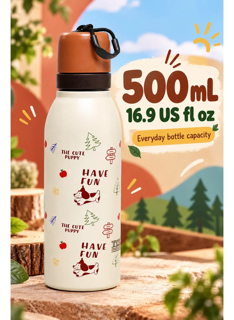 Tooly Cute Puppy Design 500ml Insulated Stainless Steel Water Bottle with Carry Loop | Double Wall Vacuum Vacuum Flask | Leak-Proof Screw Cap | Keeps Drinks Hot 12 Hours & Cold 24 Hours | BPA Free | SUS 304 Stainless Steel