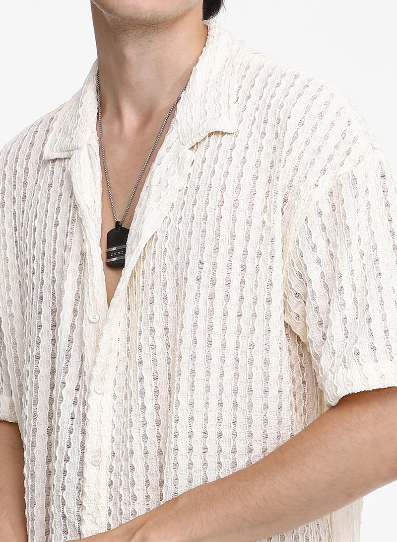 Campus Sutra Men's Cream White Striped Knit Oversized Shirt