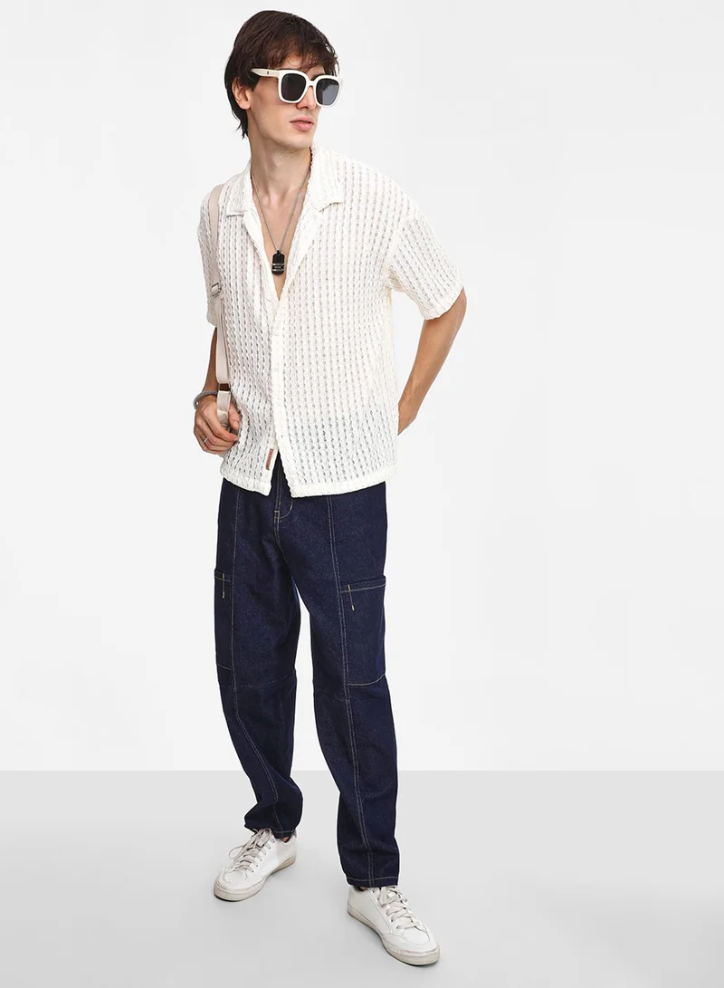 Campus Sutra Men's Cream White Striped Knit Oversized Shirt