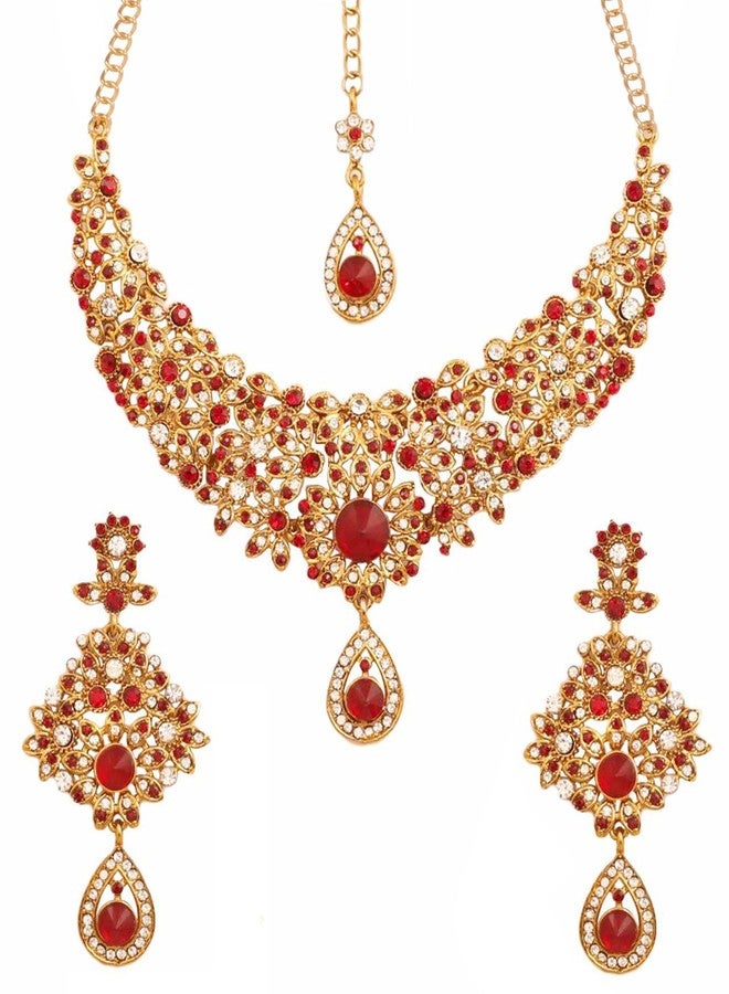 Touchstone Indian jewelry sets for women bollywood necklace hollywood maroon white classic wedding wear mangtika necklace set in antique gold tone - Image 1