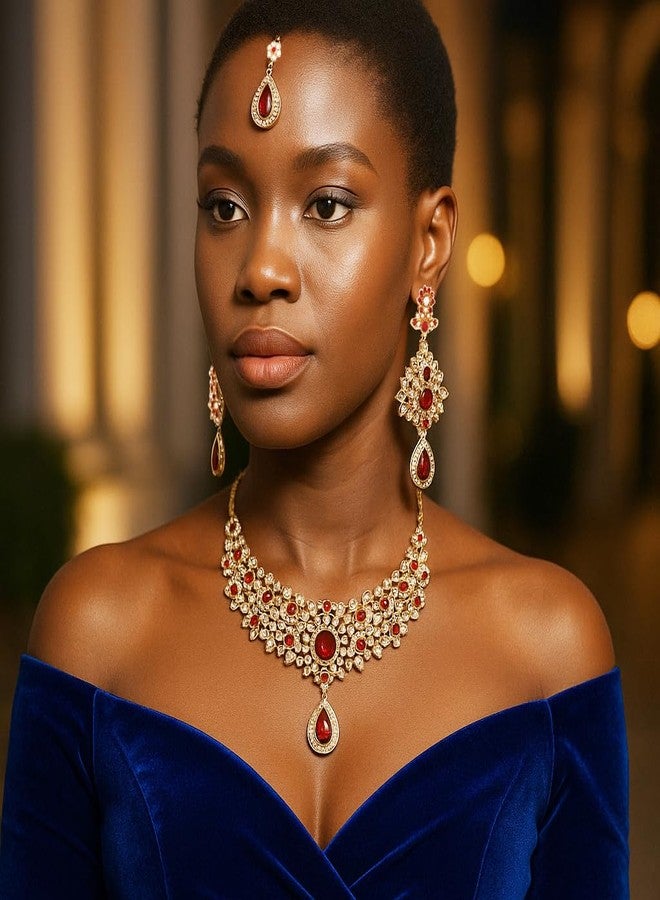 Touchstone Indian jewelry sets for women bollywood necklace hollywood maroon white classic wedding wear mangtika necklace set in antique gold tone - Image 3