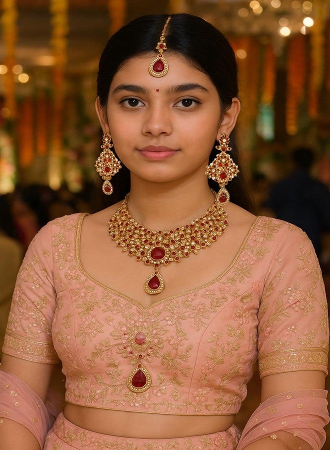 Touchstone Indian jewelry sets for women bollywood necklace hollywood maroon white classic wedding wear mangtika necklace set in antique gold tone - Image 4